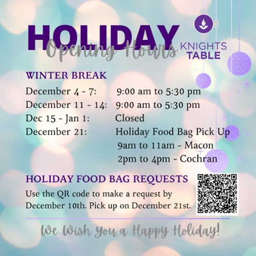 Knights’ Table Winter Break Hours of Operation